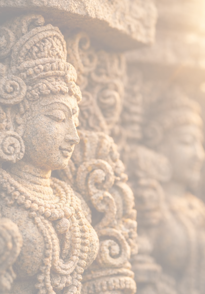 Intricate temple sculpture in golden light